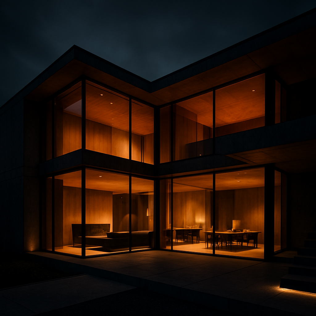 Casa moderna con iluminación inteligente y muros de vidrio al atardecer